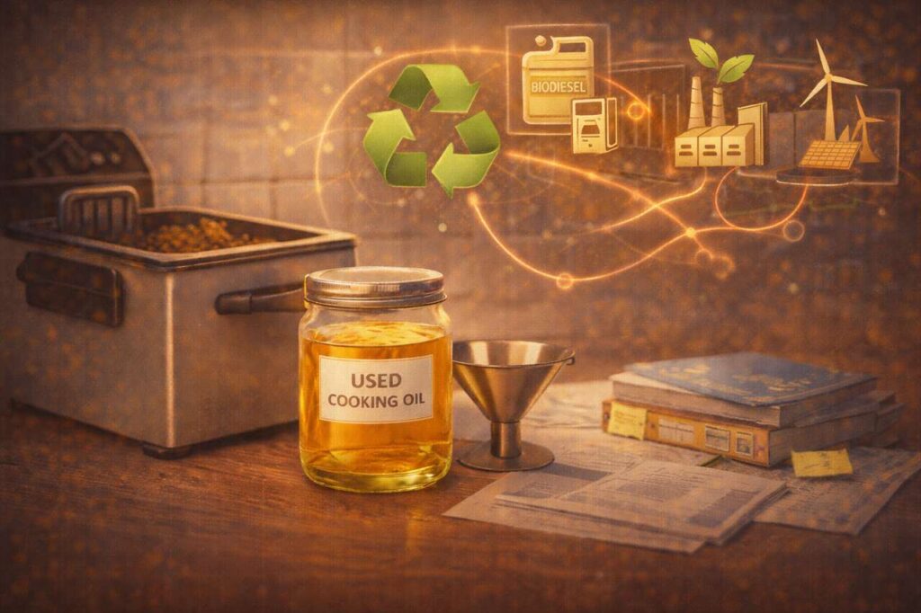 Used cooking oil in jar with sustainability and recycling icons.