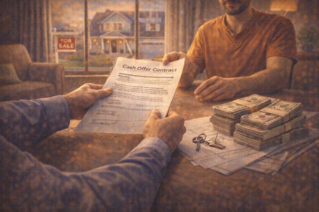 Homeowner reviewing a cash offer for selling their house.