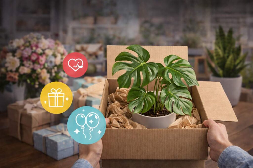 Person receiving a houseplant gift delivered to their doorstep.
