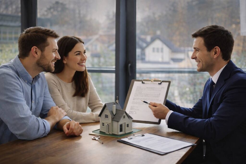 Home buyers consulting real estate expert for guidance and negotiation.