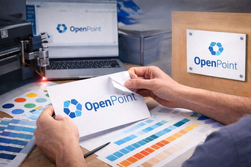 Designer creating custom office signage aligned with brand identity