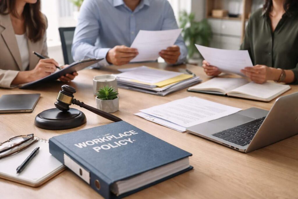 HR meeting discussing workplace legal compliance and policies