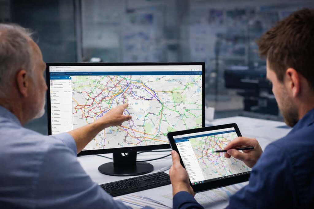 Engineers reviewing fiber network mapping software with GIS overlays