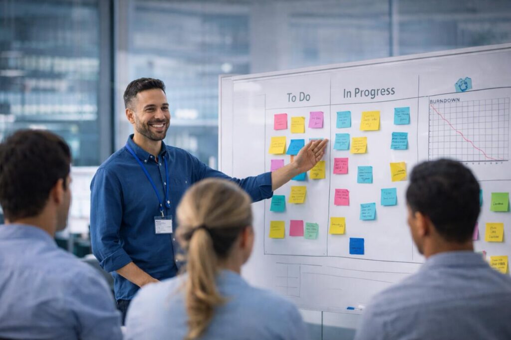 Agile team in Scrum meeting with task board during Certified Scrum Master Training