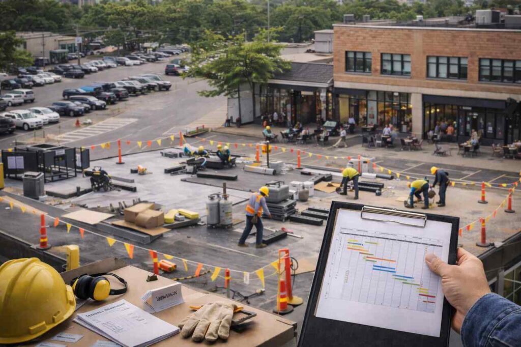 Commercial roofing crew working with minimal disruption to active business