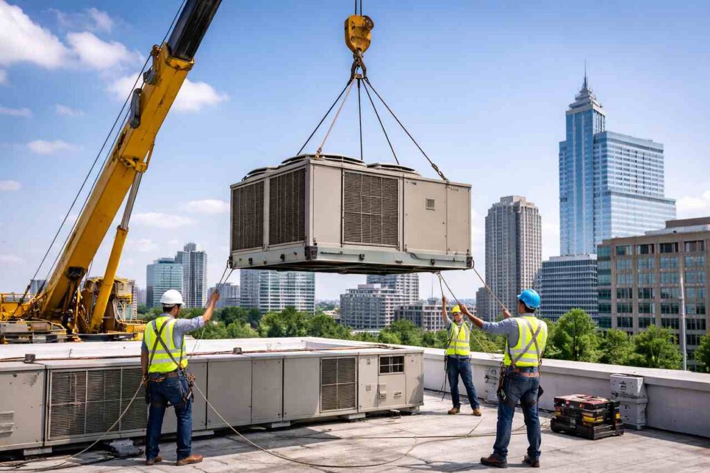 How HVAC Crane Lifts Are Powering Safer Installations in North Carolina Crane lifting HVAC unit onto rooftop in North Carolina