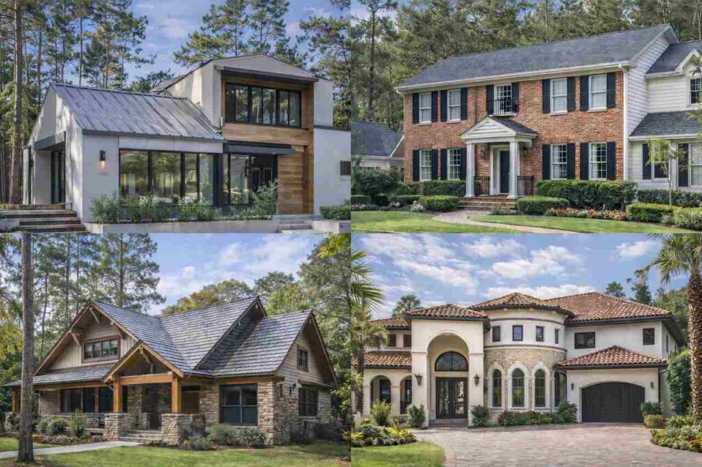 Different home styles in The Woodlands with varied roofing types