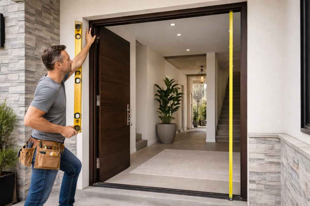Contractor measuring entryway for pivot door installation