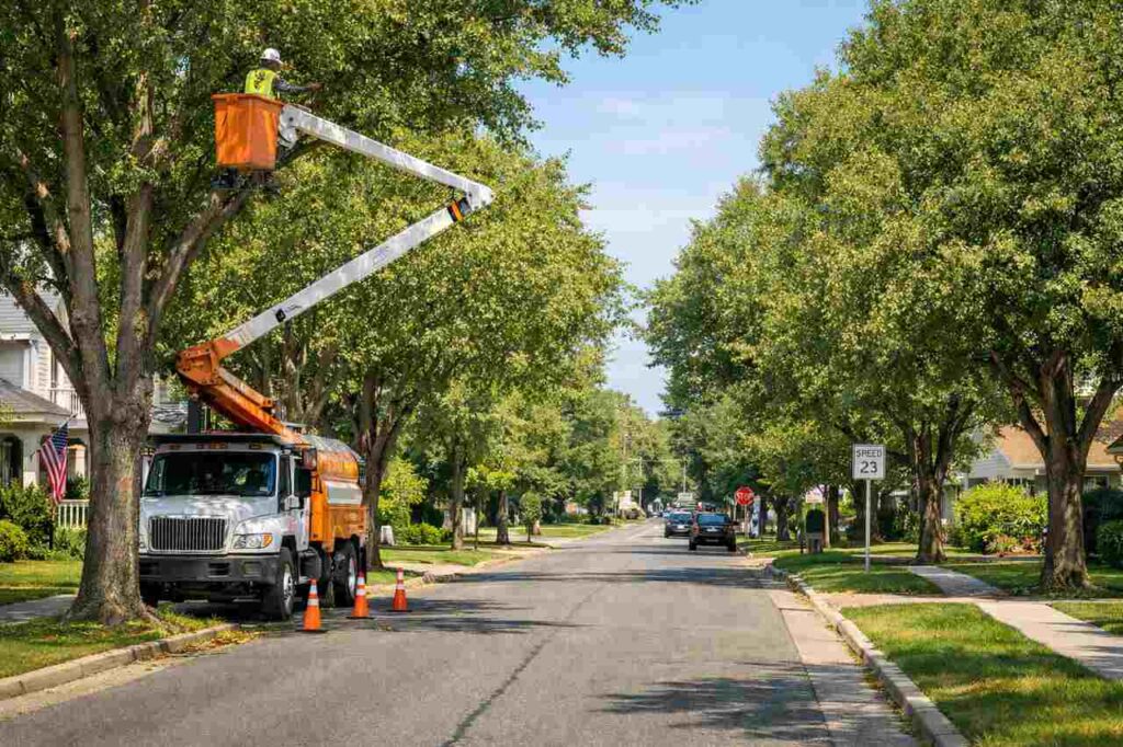 Tree maintenance team trimming trees in Battle Creek neighborhood