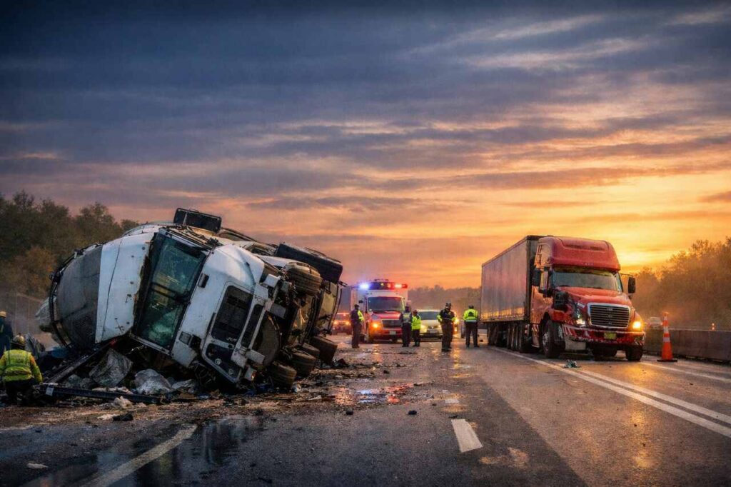Truck accident scene with investigator documenting evidence