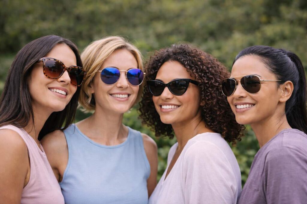 Four women wearing stylish sunglasses suited to different face shapes