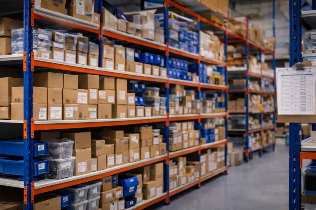 Organized storage shelves with labeled bins and boxes for inventory management