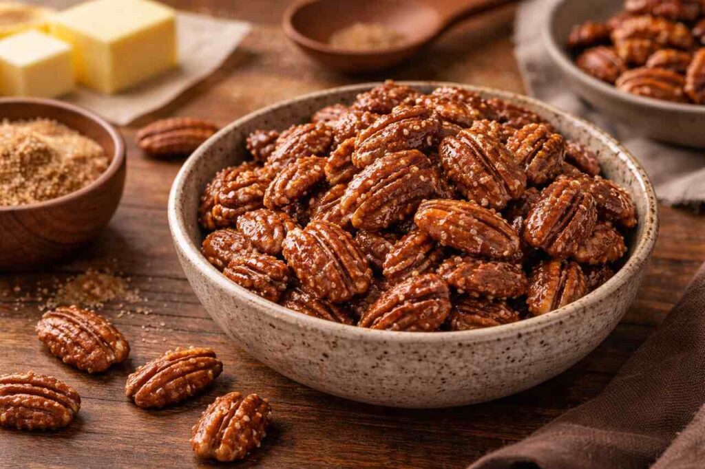 Praline Pecans Recipe, History, Storage Tips, and Best Ways to Use Them Caramelized praline pecans in rustic bowl on wooden table