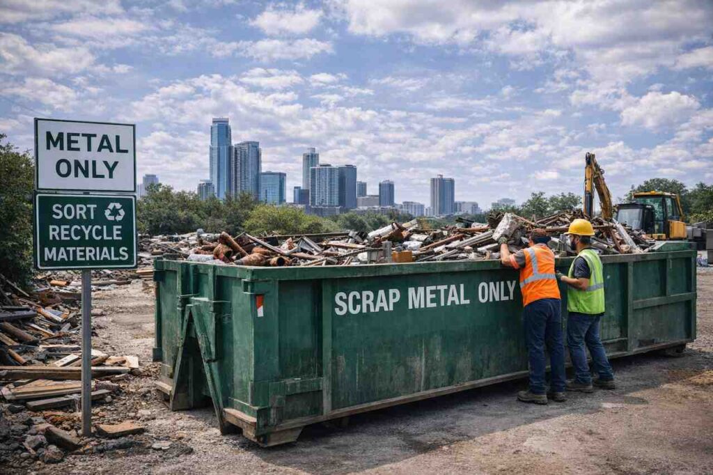 Scrap metal dumpster at Austin business site with workers loading metal