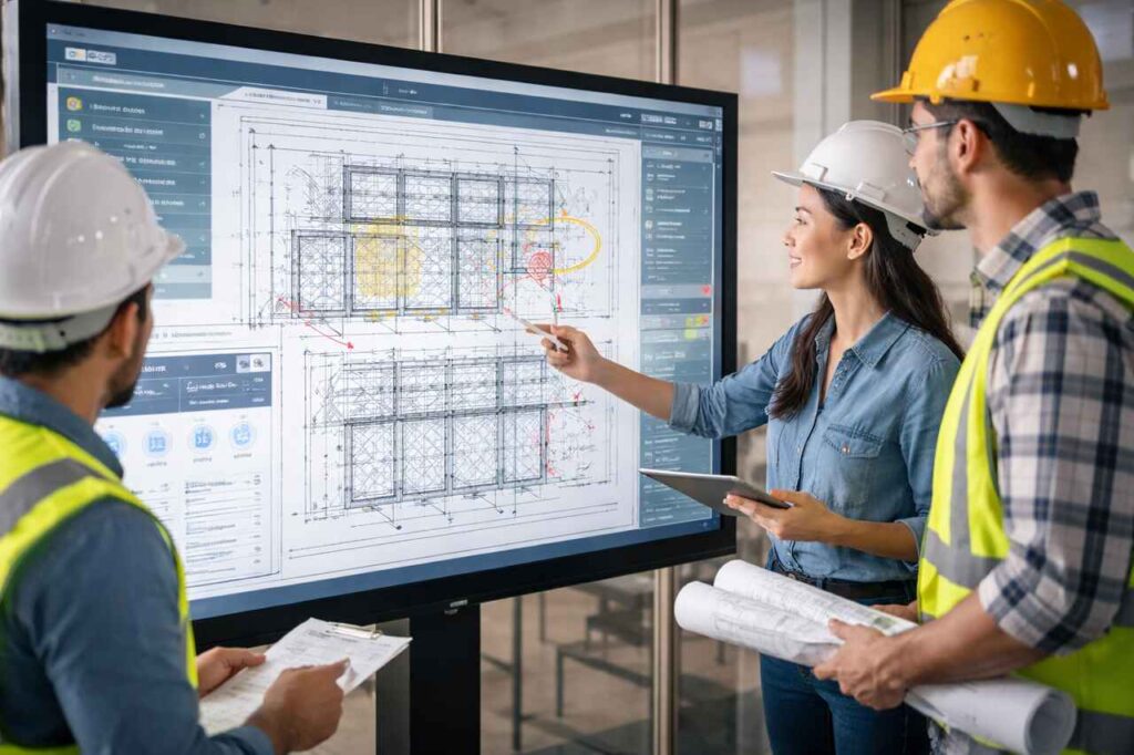 Top 6 Smart Drawing Management Software to Reduce Rework Team reviewing digital construction drawings on smart display