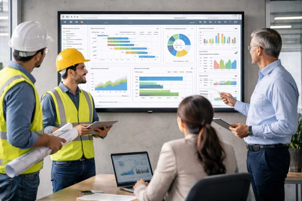 Construction team reviewing ERP dashboard for project management