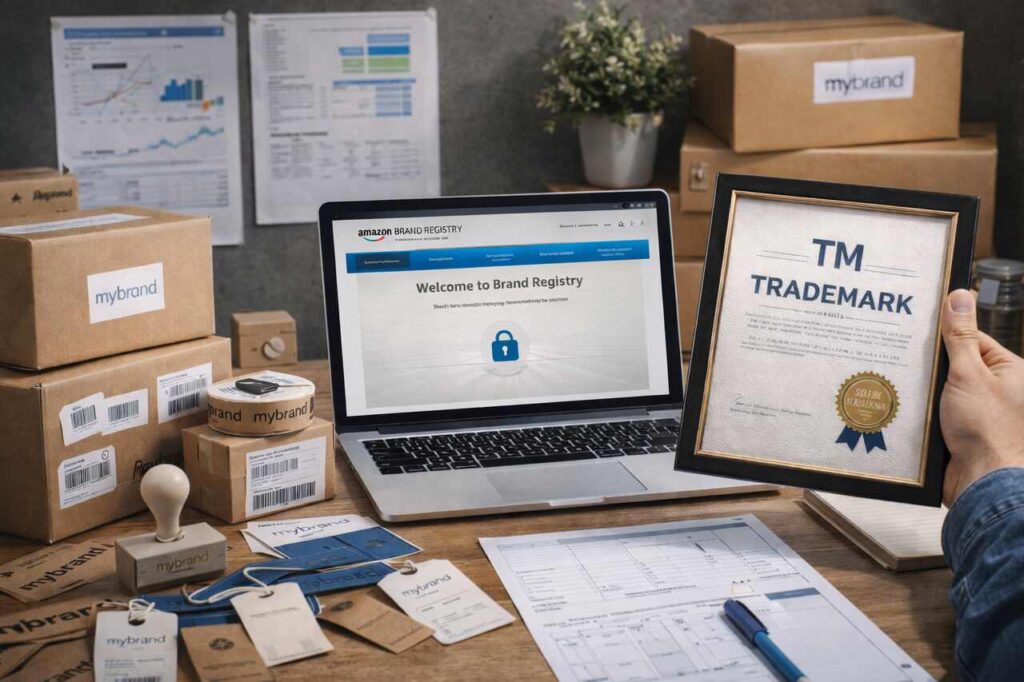Business owner holding trademark certificate near Amazon Brand Registry setup