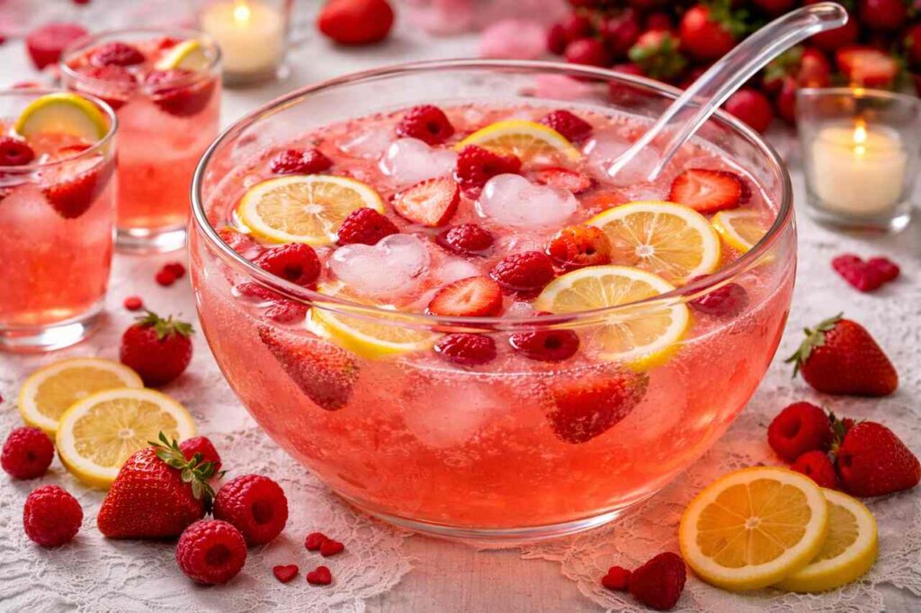 Valentine’s Punch: How to Make a Romantic Strawberry Lemonade Punch with Sparkling Juice and Fresh Fruit Strawberry lemonade Valentine’s punch with fresh fruit slices