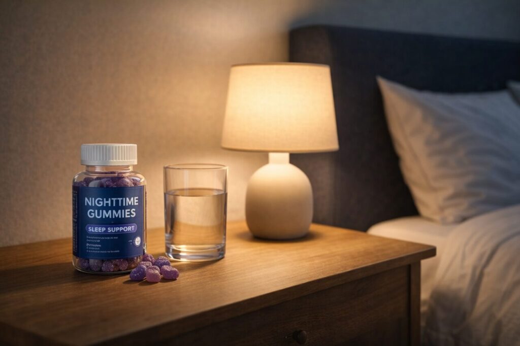 Bottle of nighttime gummies on bedside table with lamp and water glass