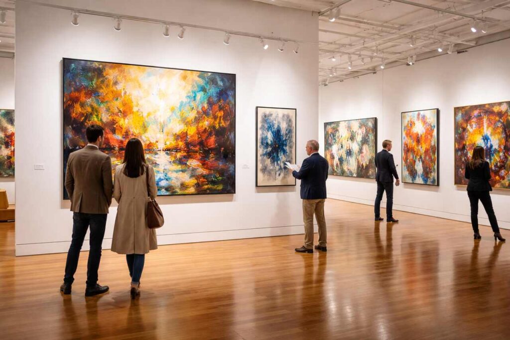 Why Original Art Matters For New And Experienced Collectors Collectors admiring original art in a modern gallery