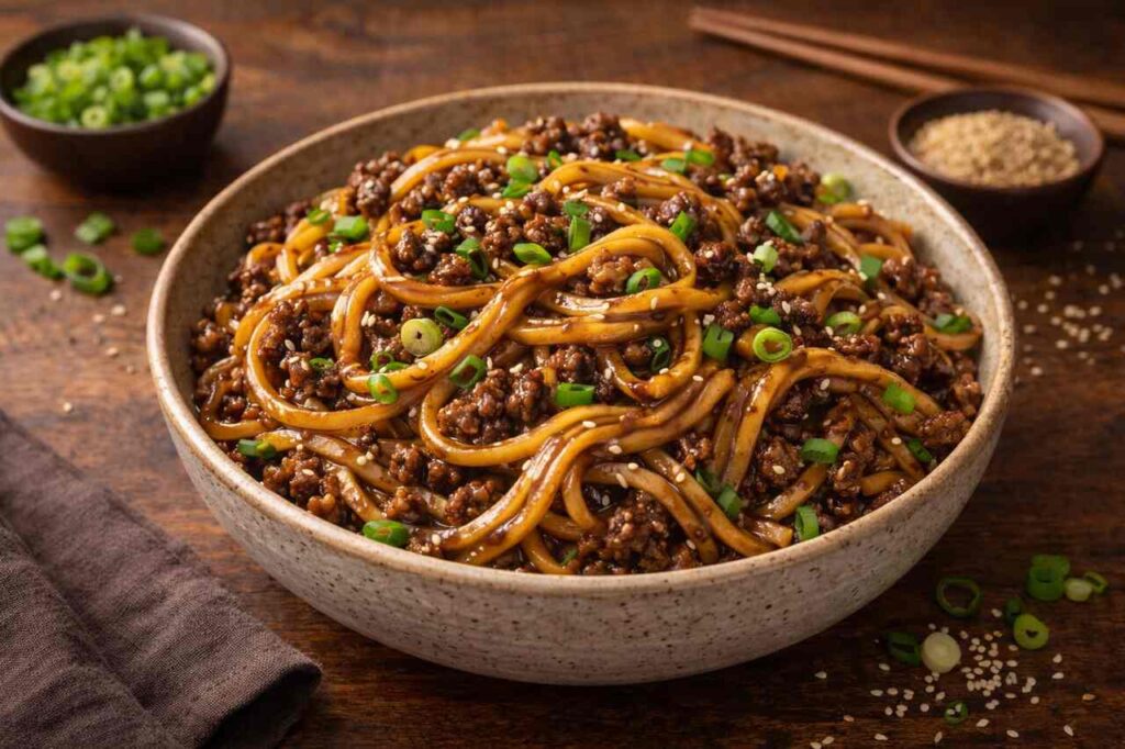 Mongolian Ground Beef Noodles Recipe with Authentic Flavor Tips and Variations Mongolian ground beef noodles with green onions and sesame