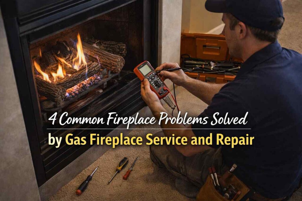 Technician repairing a gas fireplace with tools and visible flame