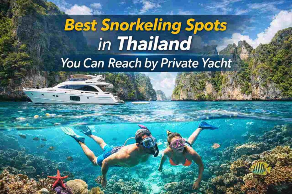 Snorkeling in Thailand near a private yacht with coral reefs and clear water