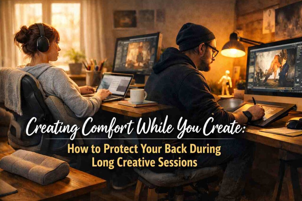 Creators using ergonomic chairs and posture-friendly desks during long creative sessions