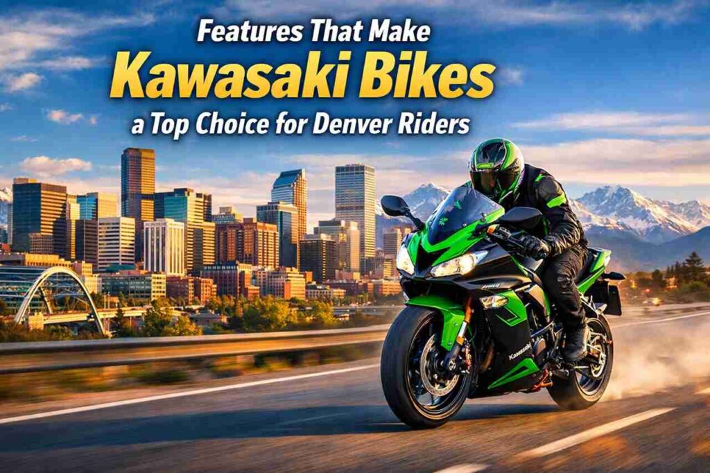 Features That Make Kawasaki Bikes a Top Choice for Denver Riders Kawasaki motorcycle near Denver skyline and mountains.