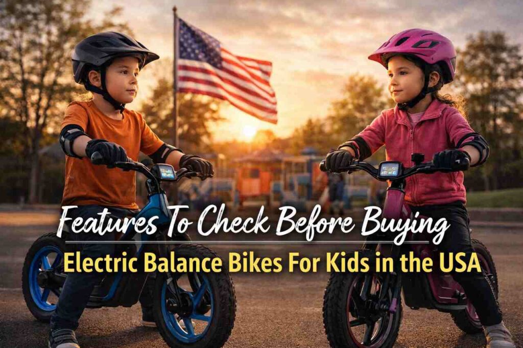 Kids riding electric balance bikes with safety gear in the USA