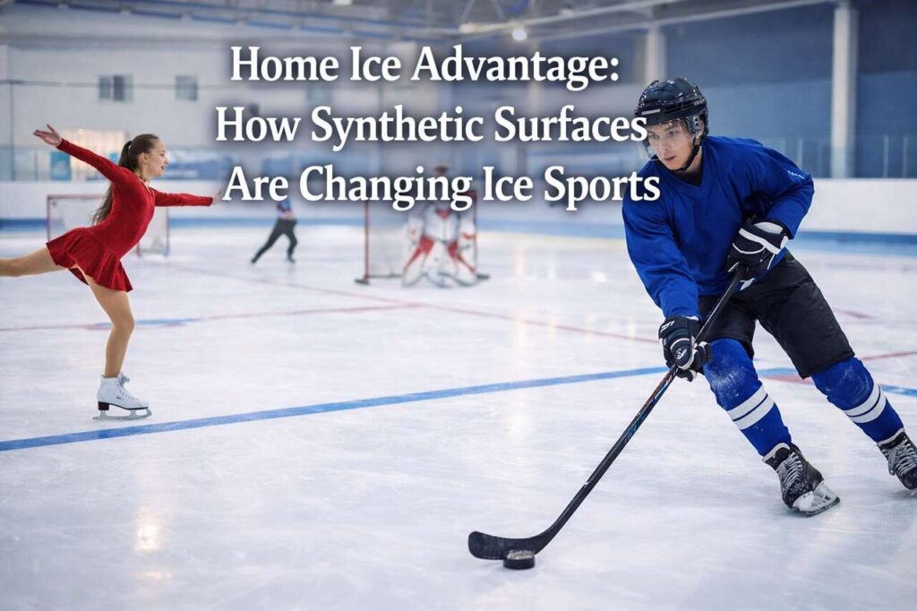 Hockey player and figure skater practicing on synthetic ice surfaces at indoor rink. 🏒⛸️