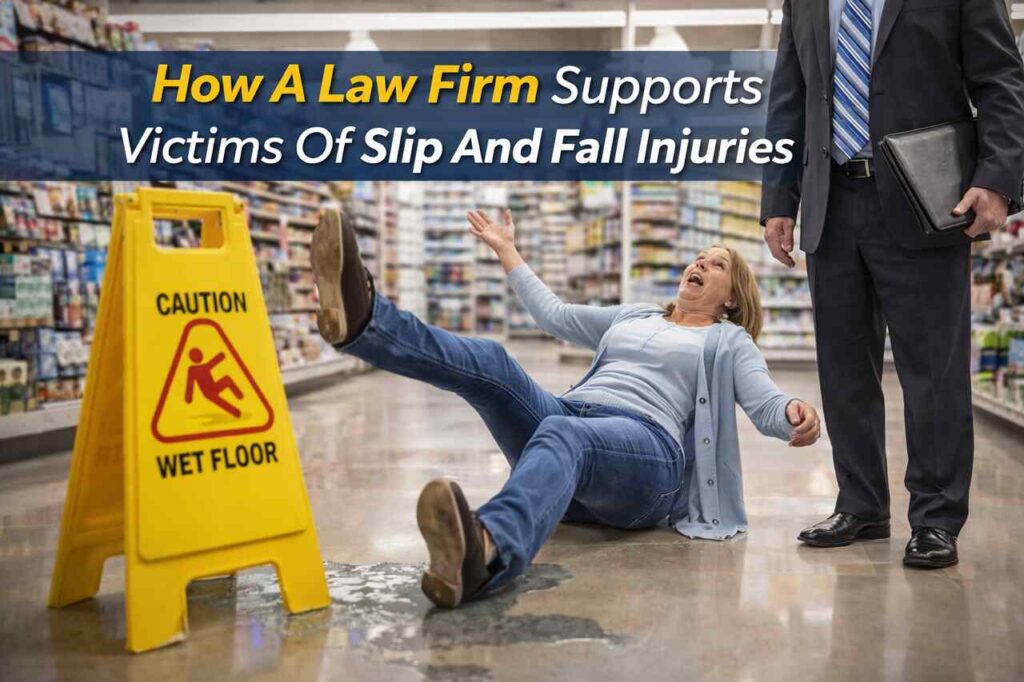 Slip and fall accident victim in store with legal support nearby