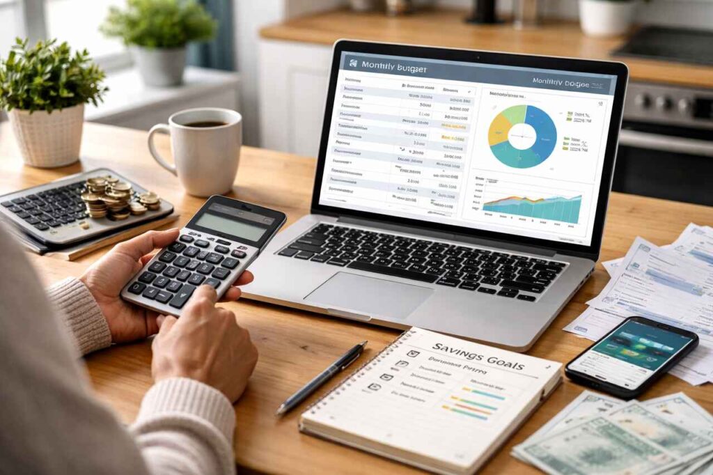 Person reviewing budget and savings goals on laptop