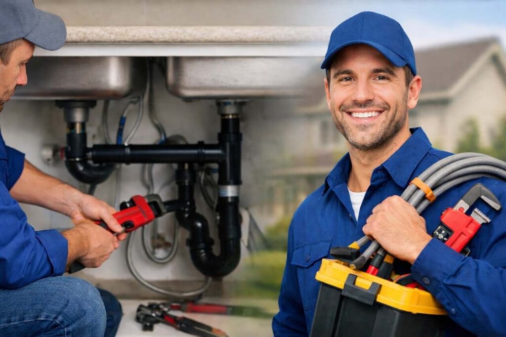 Local plumber repairing kitchen sink pipes while another plumber stands with toolbox outside a home.