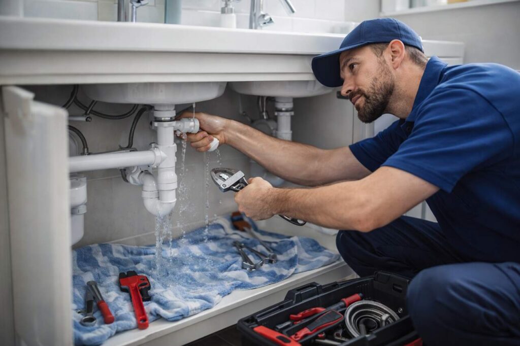 Local plumber fixing emergency pipe leak under sink