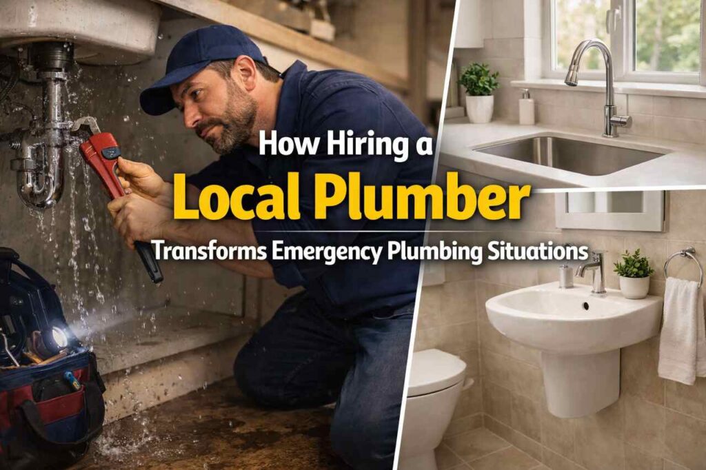 Local plumber fixing an emergency plumbing issue under a sink