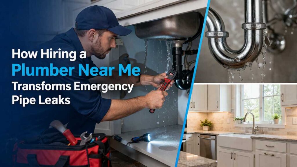 Plumber near me fixing an emergency pipe leak under a sink