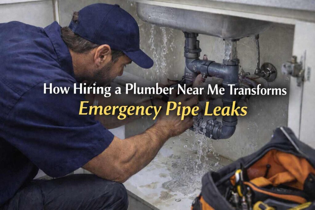 Plumber near me fixing emergency pipe leak under sink