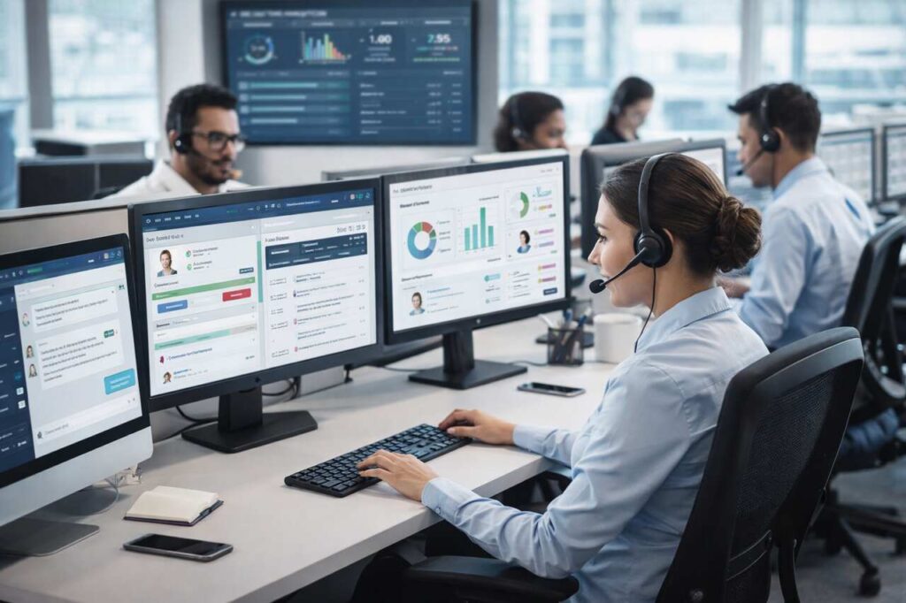 How Implementing Contact Center Solutions Enhances Customer Experience? Contact center agents improving customer experience with advanced solutions