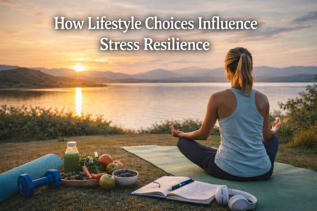 Person meditating outdoors with healthy lifestyle items to improve stress resilience. 🧘‍♀️🌅