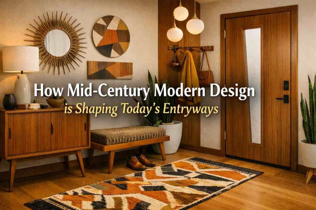 Mid-century modern entryway with wood furniture, geometric rug, and warm lighting