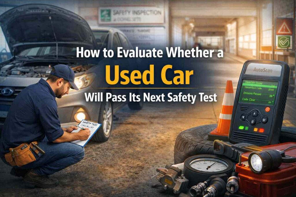 Mechanic evaluating used car for safety inspection readiness