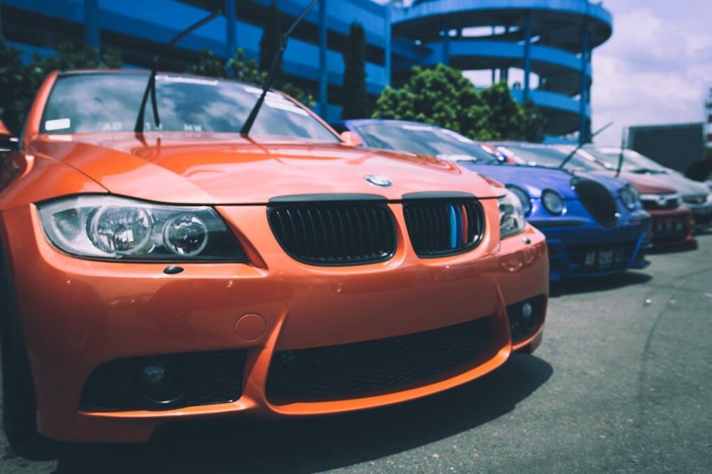 Used cars lined up showing condition for safety inspection
