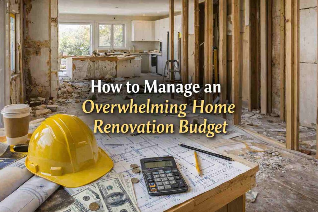 Home renovation site with tools, blueprints, and budget planning setup