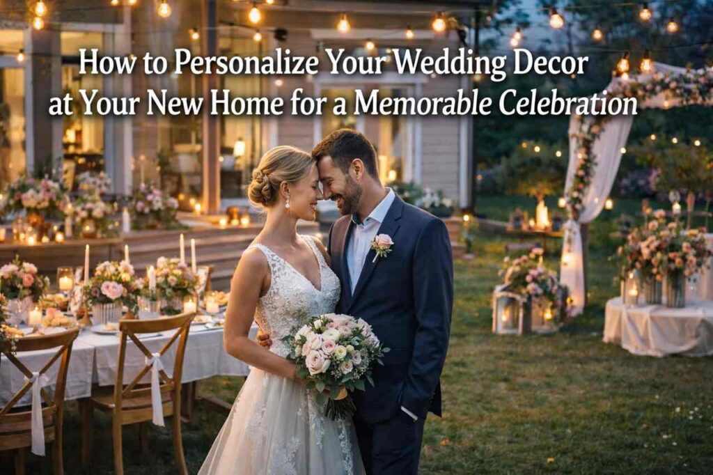 Couple celebrating wedding at home with personalized backyard decor and lights. 💍✨