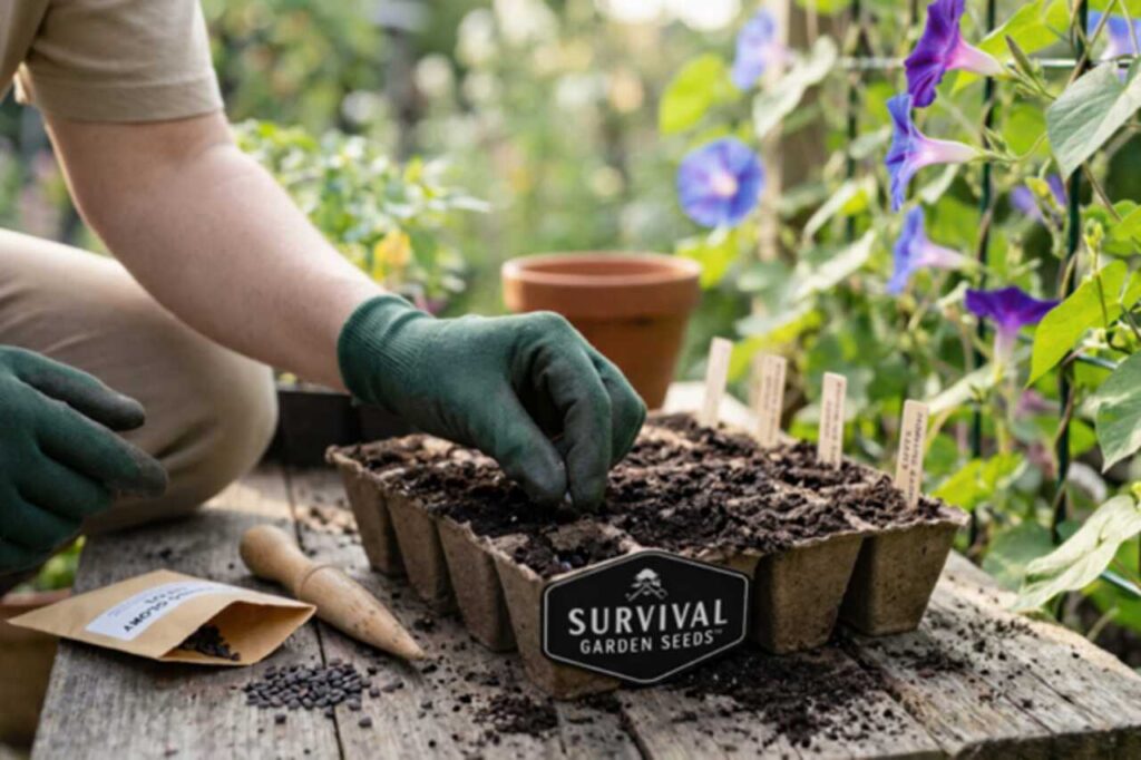 Gardener planting morning glory seeds in garden soil with flowers nearby. 🌱🌸