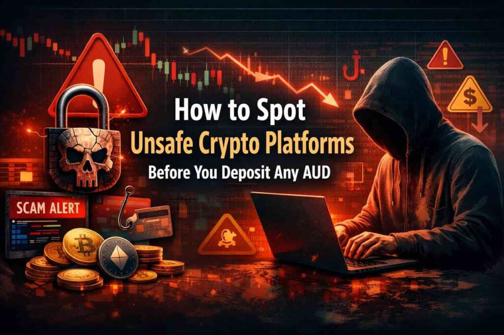 Unsafe crypto platform warning with hacker and scam alerts