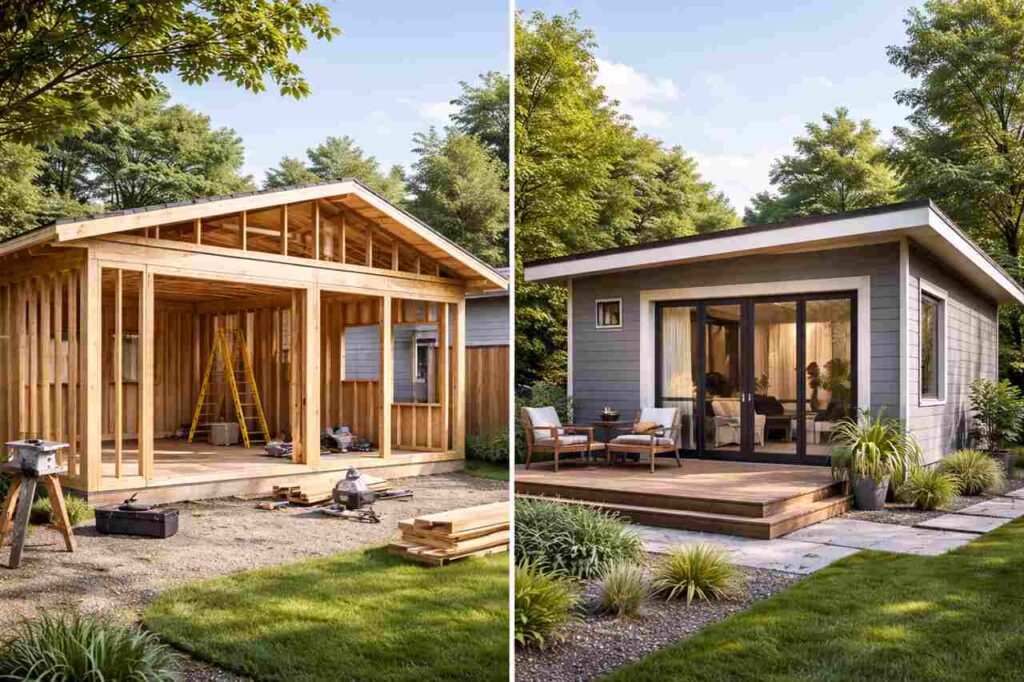 Identify Custom Built and Prefab ADU Advantages for Your Space Custom built ADU framing beside completed prefab backyard ADU