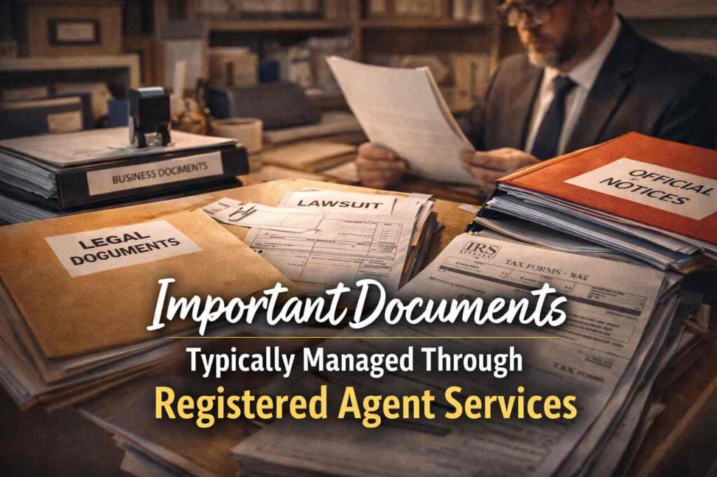 Legal and tax documents managed through registered agent services on an office desk