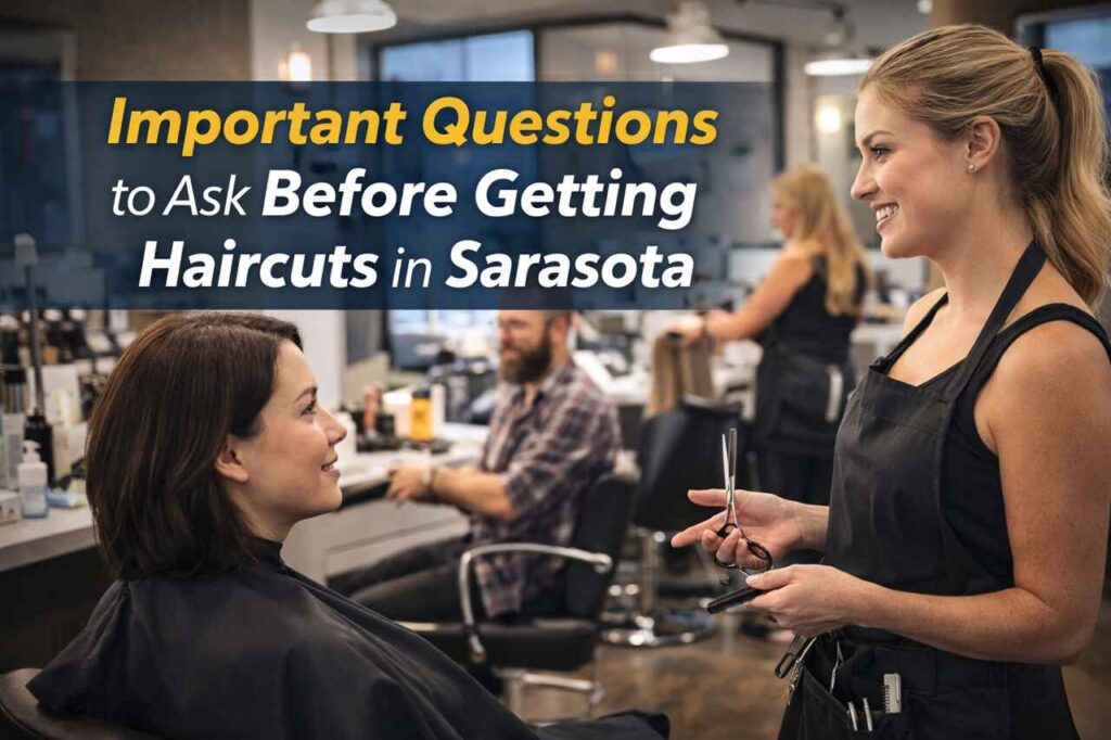 Client discussing haircut with stylist in Sarasota salon